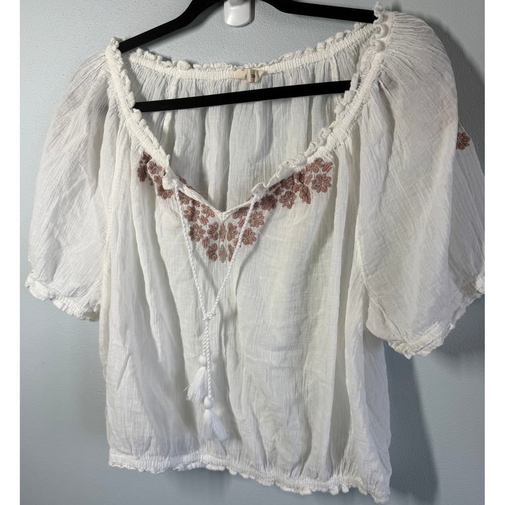 Lucky Brand Womens Top XL White Embroidered Peasant Tassel Boho Cottage Gauze